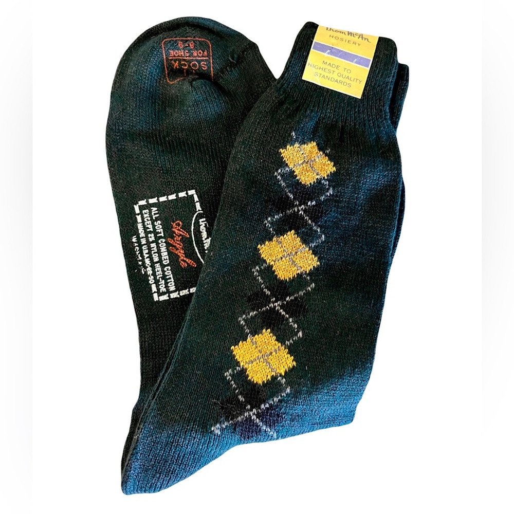 Thom McAn Classic Vintage New Old Stock Argyle Socks-Black & Gold, Shoe Sz 8-9